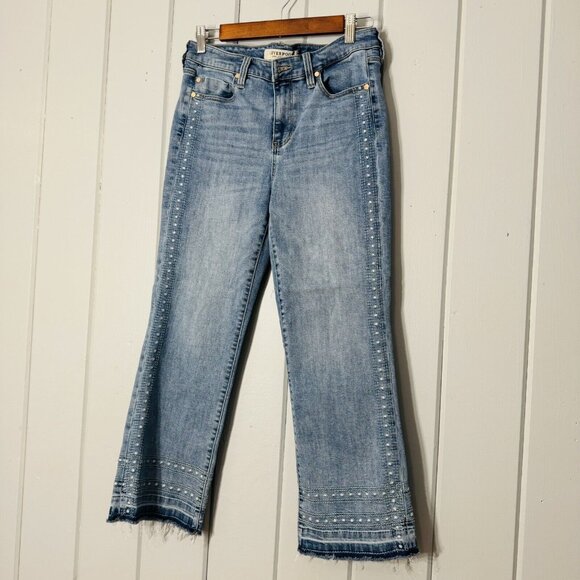 Liverpool Denim - Liverpool Daisy Floral Embroidered Flare Crop Jeans 8/29 Raw Hem Boho Hippie